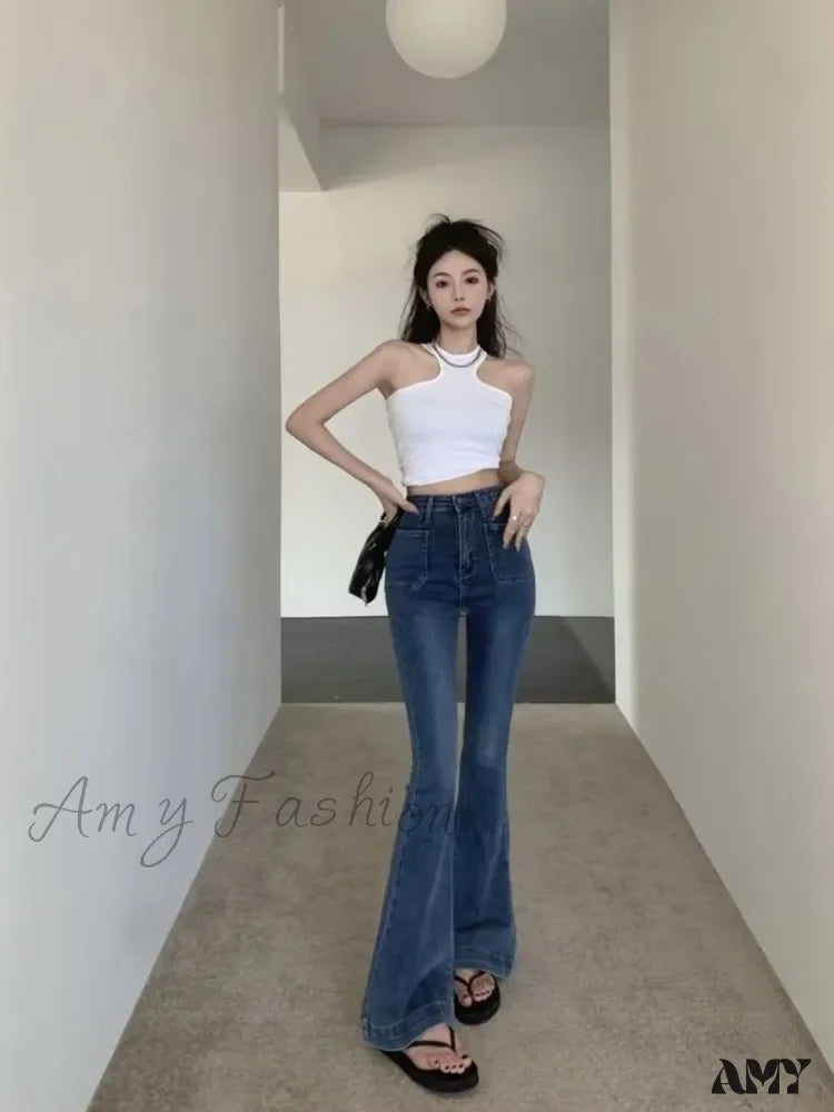 Amy Fashion - Retro Hot Girl Belt Niche High-Waisted Elastic Mopping Jean