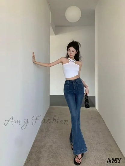 Amy Fashion - Retro Hot Girl Belt Niche High-Waisted Elastic Mopping Jean