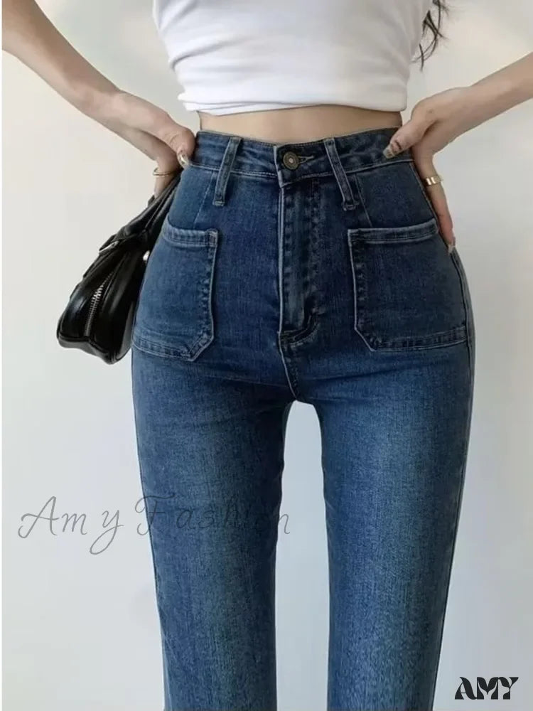 Amy Fashion - Retro Hot Girl Belt Niche High-Waisted Elastic Mopping Jean