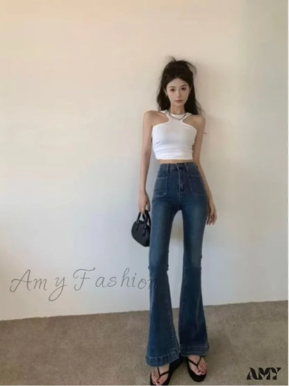 Amy Fashion - Retro Hot Girl Belt Niche High-Waisted Elastic Mopping Jean