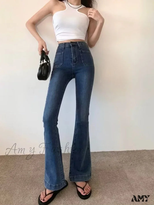 Amy Fashion - Retro Hot Girl Belt Niche High-Waisted Elastic Mopping Jean Blue / S