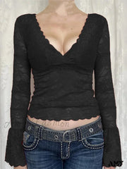 Amy Fashion - Retro Lace Fairy Grunge Deep V Neck Long Flare Sleeve Slim Fit T-Shirts
