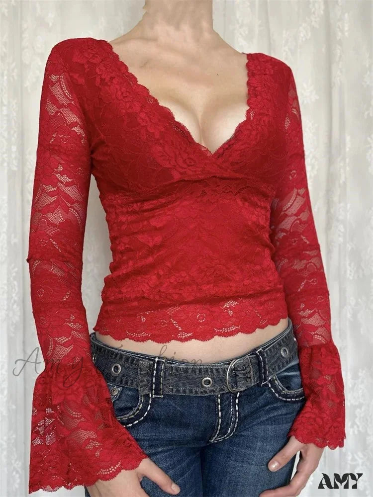 Amy Fashion - Retro Lace Fairy Grunge Deep V Neck Long Flare Sleeve Slim Fit T-Shirts Red / S