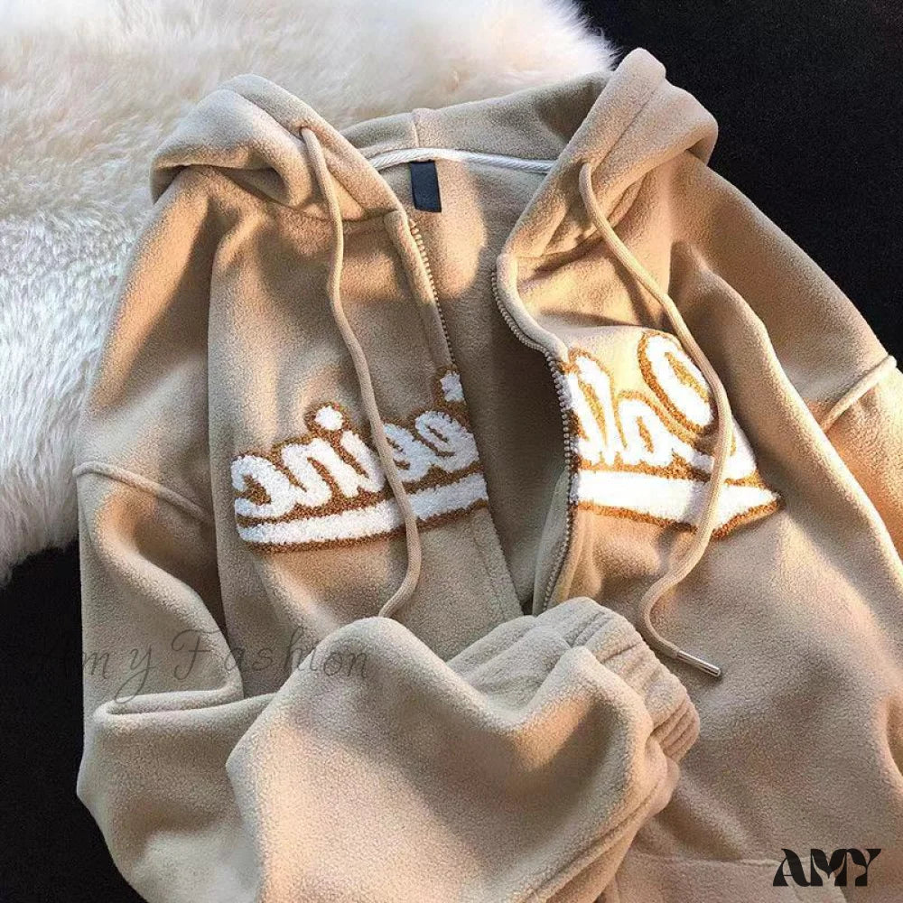 Amy Fashion - Retro Letter Print Baggy Hoody Jacket Camel / L