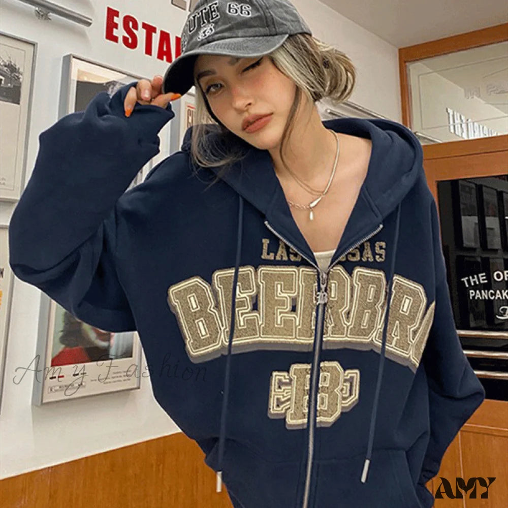 Amy Fashion - Retro Letter Print Baggy Hoody Jacket Dark Blue / L