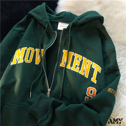 Amy Fashion - Retro Letter Print Loose Hoody Jacket Green / S