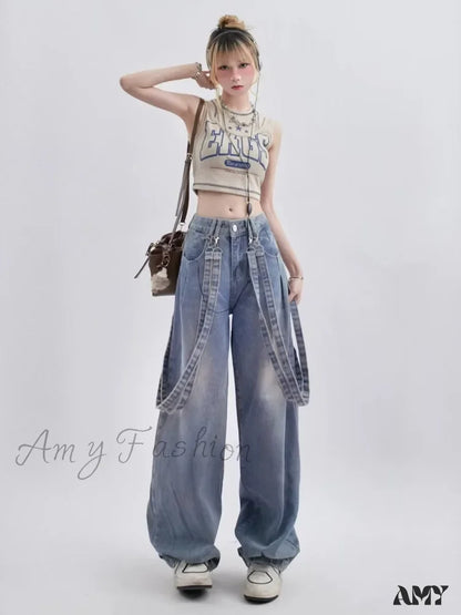 Amy Fashion - Retro Niche Ribbon Design Washable And Distressed Wide Leg High Waisted Autumn