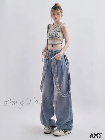 Amy Fashion - Retro Niche Ribbon Design Washable And Distressed Wide Leg High Waisted Autumn