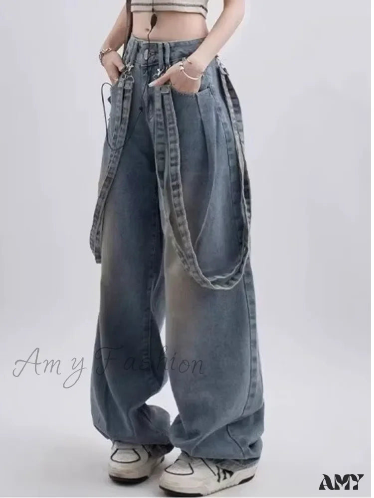 Amy Fashion - Retro Niche Ribbon Design Washable And Distressed Wide Leg High Waisted Autumn