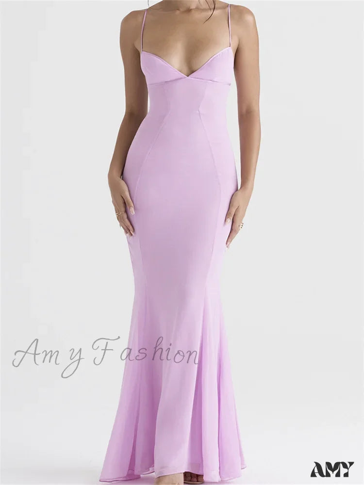 Amy Fashion - Retro Slim Fit For Women Sleeveless Strap Bodycon Backless V-Neck Formal Club Night