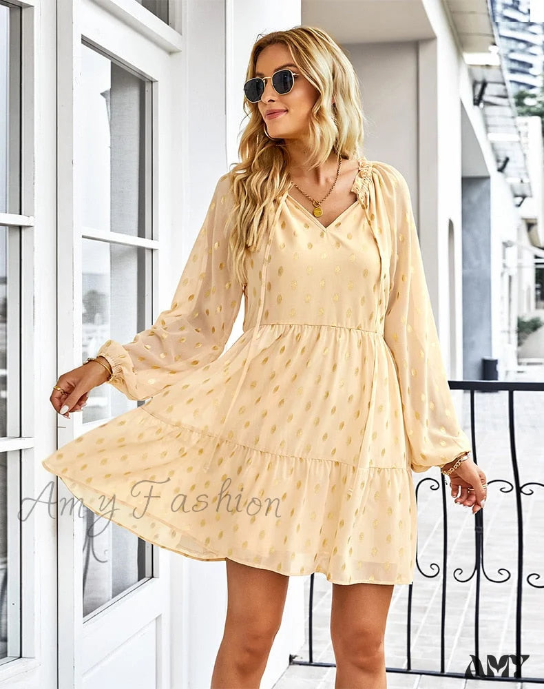 Amy Fashion - Retro Spring Autumn Boho Chiffon Holiday Dresses Apricot / S