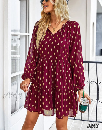 Amy Fashion - Retro Spring Autumn Boho Chiffon Holiday Dresses Burgundy / S