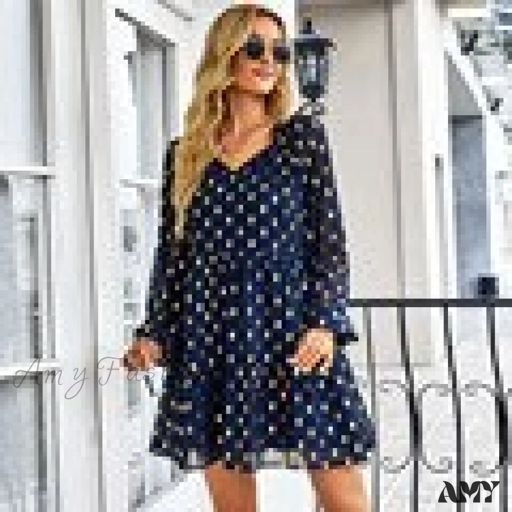 Amy Fashion - Retro Spring Autumn Boho Chiffon Holiday Dresses Navy Blue / S