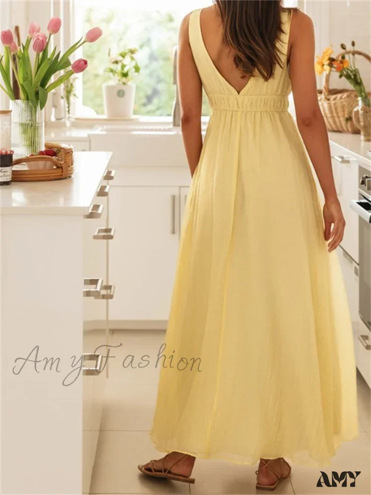 Amy Fashion - Retro Women Evening Party Solid Color Sleeveless Deep V-Neck Front Tie-Up Formal