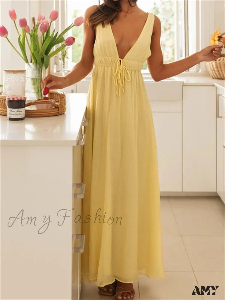 Amy Fashion - Retro Women Evening Party Solid Color Sleeveless Deep V-Neck Front Tie-Up Formal