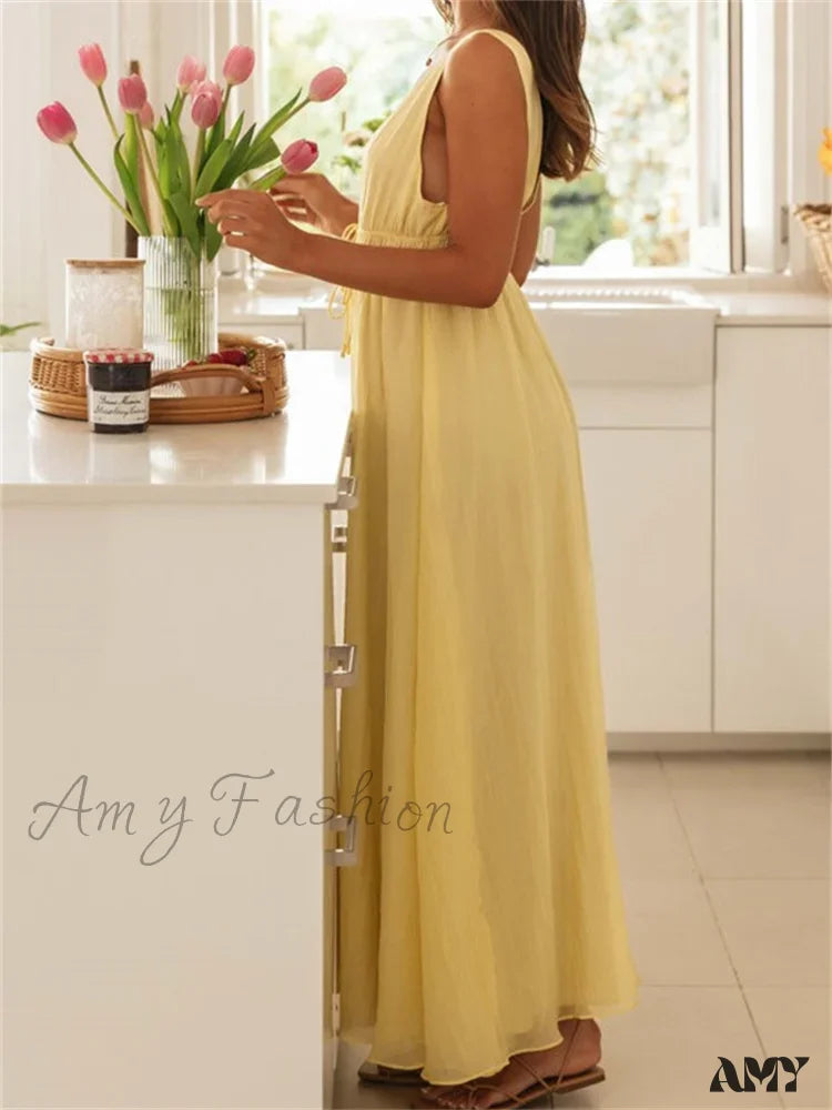 Amy Fashion - Retro Women Evening Party Solid Color Sleeveless Deep V-Neck Front Tie-Up Formal