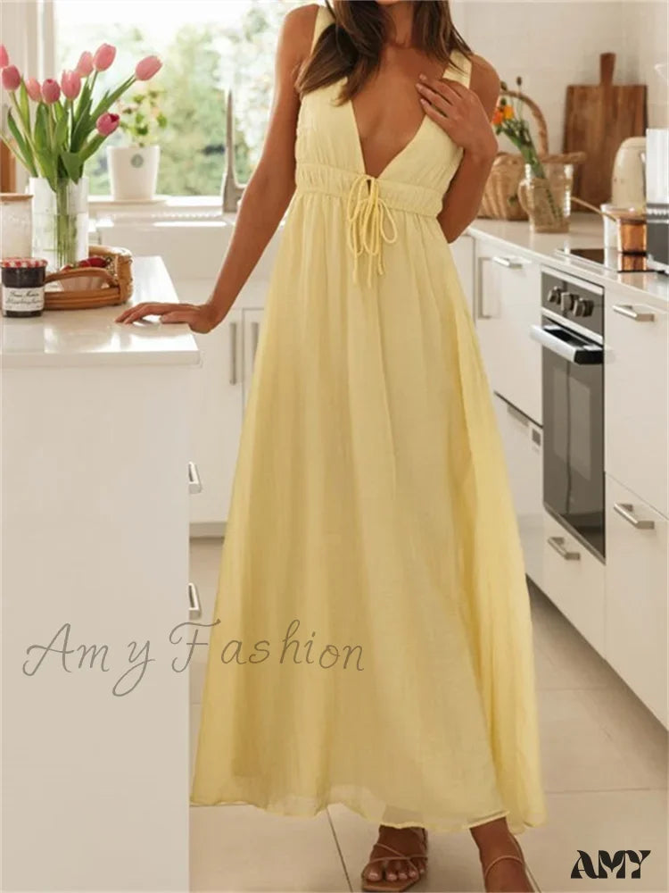 Amy Fashion - Retro Women Evening Party Solid Color Sleeveless Deep V-Neck Front Tie-Up Formal