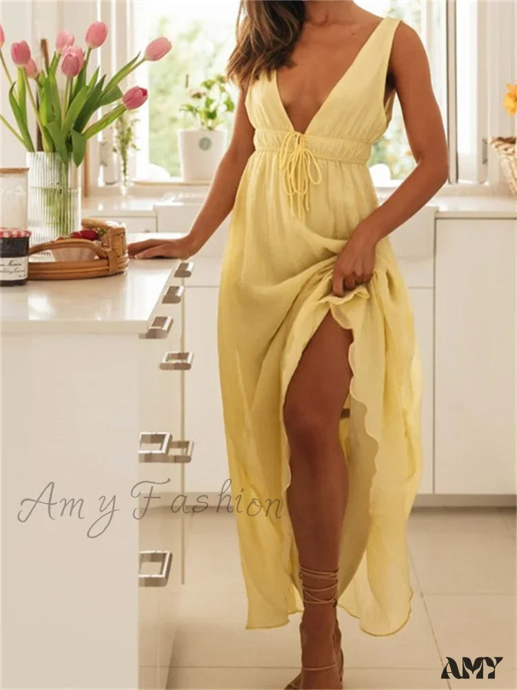 Amy Fashion - Retro Women Evening Party Solid Color Sleeveless Deep V-Neck Front Tie-Up Formal