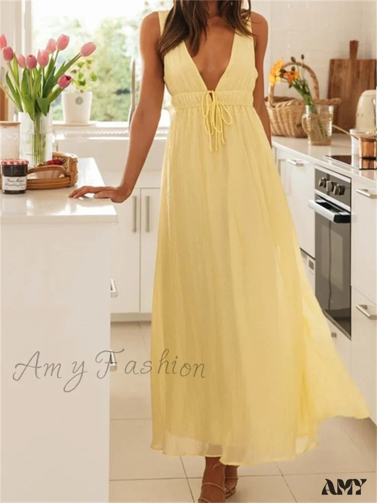 Amy Fashion - Retro Women Evening Party Solid Color Sleeveless Deep V-Neck Front Tie-Up Formal