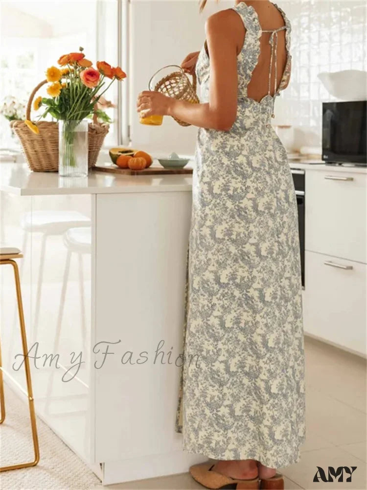 Amy Fashion - Retro Women Floral Print Sleeveless V Neck Front Lace-Up High Split Spring Summer