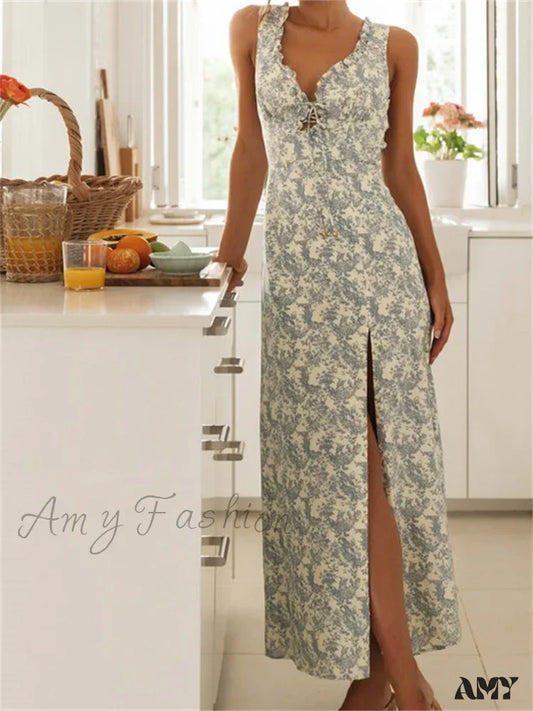 Amy Fashion - Retro Women Floral Print Sleeveless V Neck Front Lace-Up High Split Spring Summer