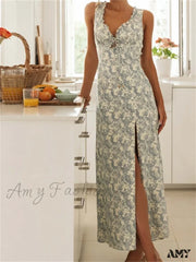 Amy Fashion - Retro Women Floral Print Sleeveless V Neck Front Lace-Up High Split Spring Summer