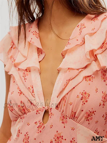 Amy Fashion - Retro Women Summer Casual Floral Print Ruffles Sleeveless V-Neck Holiday Beach