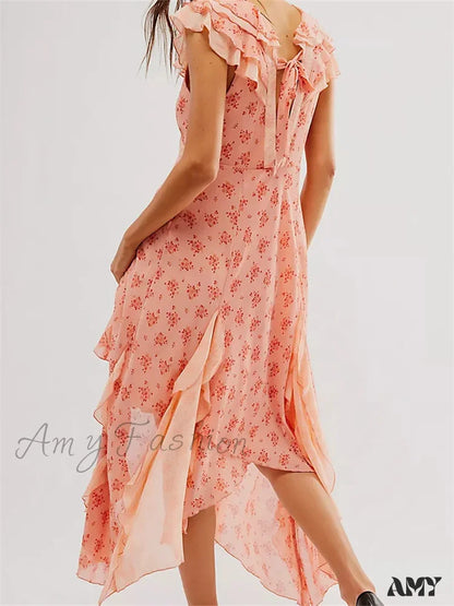 Amy Fashion - Retro Women Summer Casual Floral Print Ruffles Sleeveless V-Neck Holiday Beach