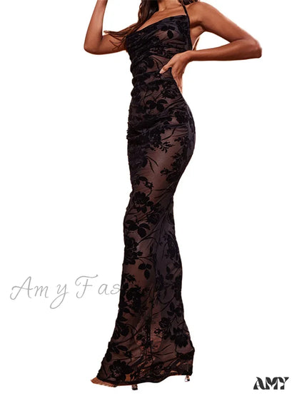 Amy Fashion - Retro Women Y2K Lace See Through Halter Lace-Up Backless Summer Low Cut V-Neck