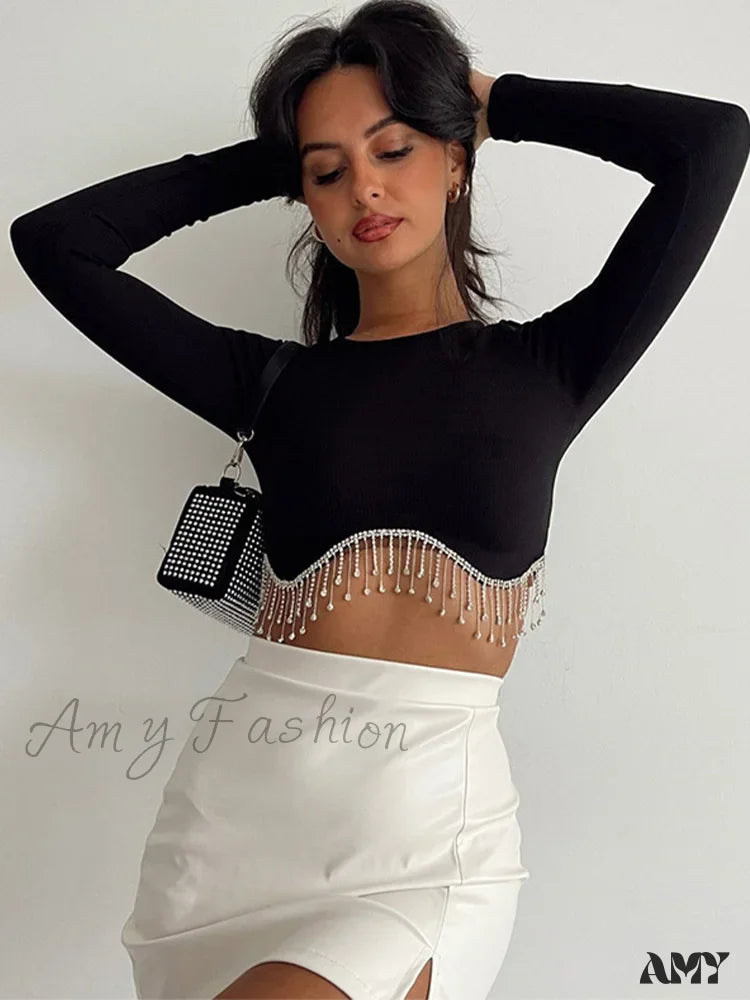 Amy Fashion - Rhinestone Tassel Crewneck Elegant Long Sleeve T-Shirt Crop Top