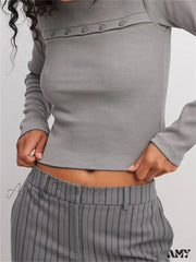 Amy Fashion - Ribbed Casual Basiclong Sleeve Crew Neck Buttons Solid Color T-Shirts