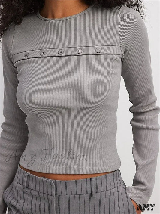 Amy Fashion - Ribbed Casual Basiclong Sleeve Crew Neck Buttons Solid Color T-Shirts