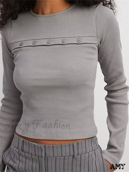 Amy Fashion - Ribbed Casual Basiclong Sleeve Crew Neck Buttons Solid Color T-Shirts Grey / S