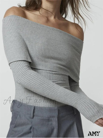 Amy Fashion - Ribbed Slash Neck Off Shoulder Casual Long Sleeve T-Shirts Grey / S