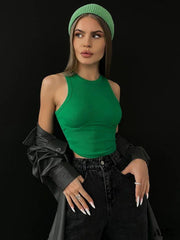 Amy Fashion - Ribbed Solid Skinny Sleeveless Body-Shaping Streetwear Crop Top