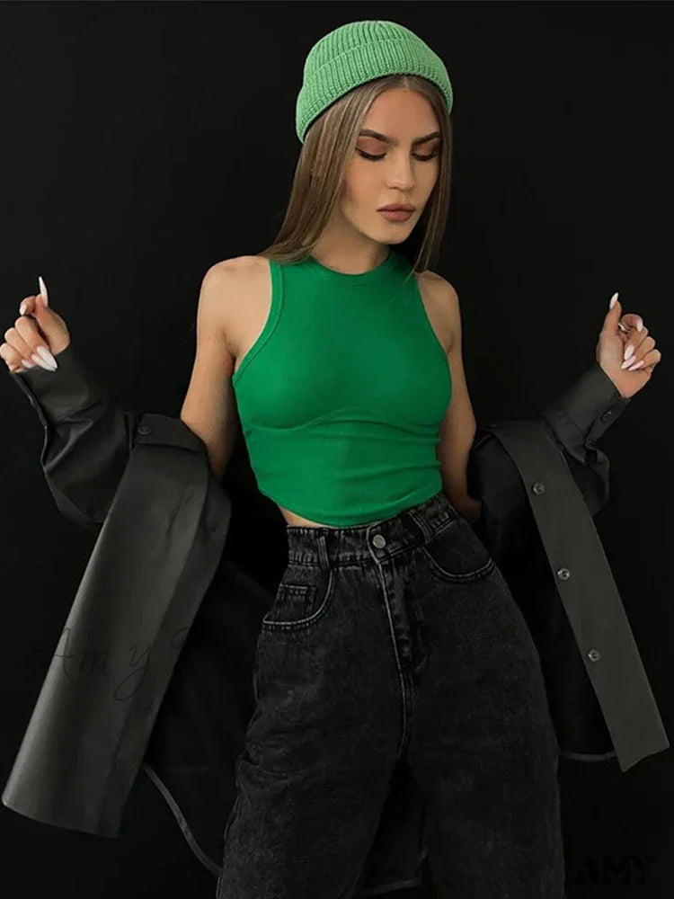 Amy Fashion - Ribbed Solid Skinny Sleeveless Body-Shaping Streetwear Crop Top Green / S