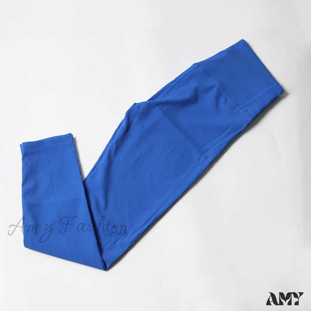 Amy Fashion - Ribbed Yoga Pants Seamless Sports Leggings Blue-Long / S