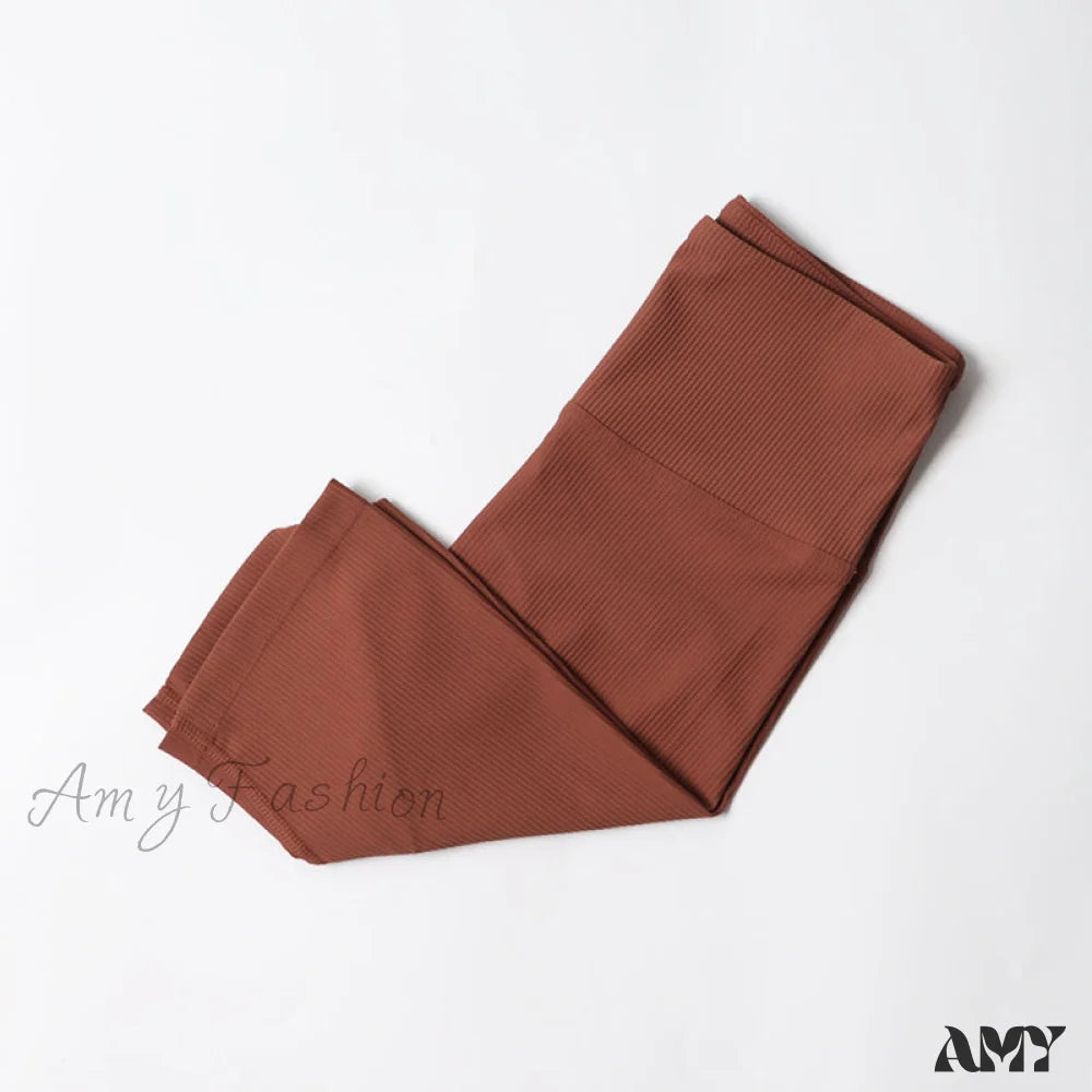 Amy Fashion - Ribbed Yoga Pants Seamless Sports Leggings Bronzed-Shorts / S