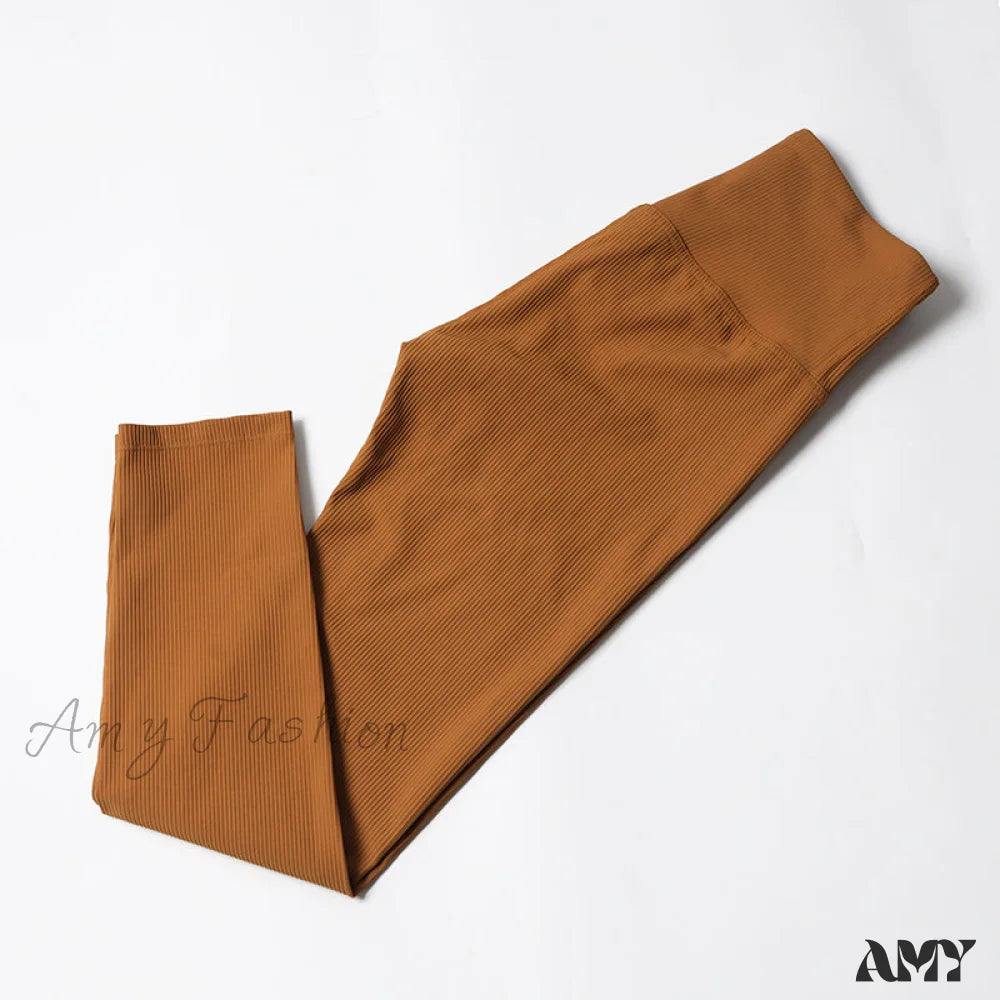 Amy Fashion - Ribbed Yoga Pants Seamless Sports Leggings Copper Brown-Long / S