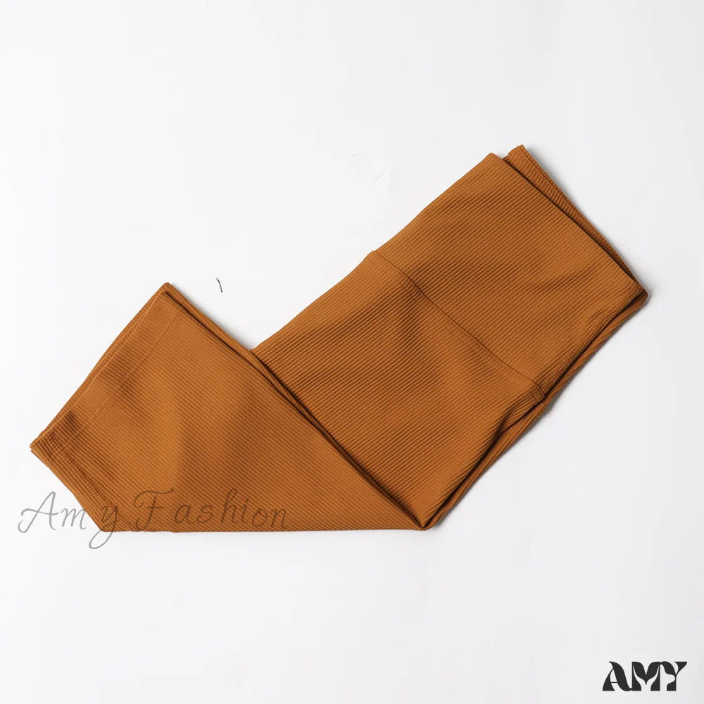 Amy Fashion - Ribbed Yoga Pants Seamless Sports Leggings Copper Brown-Shorts / S