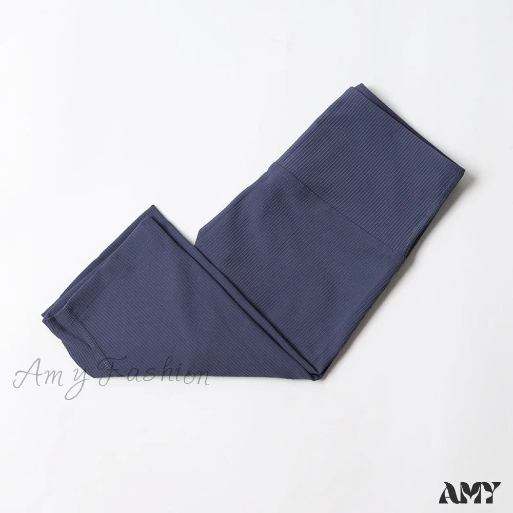 Amy Fashion - Ribbed Yoga Pants Seamless Sports Leggings Ink Blue-Shorts / S