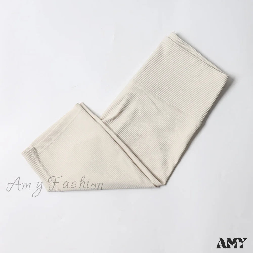 Amy Fashion - Ribbed Yoga Pants Seamless Sports Leggings Light Ivory-Shorts / S