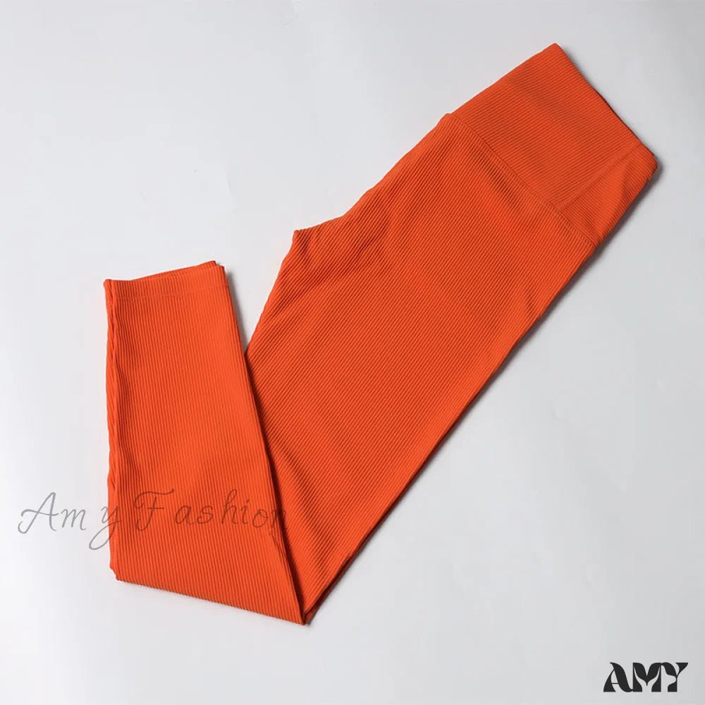 Amy Fashion - Ribbed Yoga Pants Seamless Sports Leggings Orange-Long / S