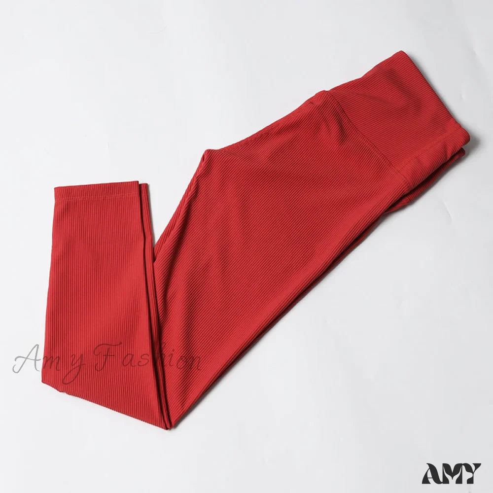 Amy Fashion - Ribbed Yoga Pants Seamless Sports Leggings Red-Long / S