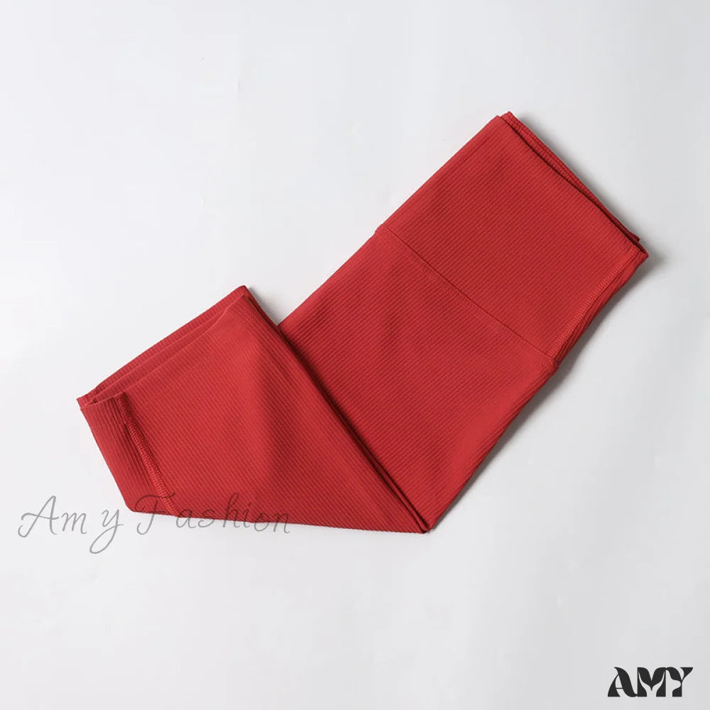 Amy Fashion - Ribbed Yoga Pants Seamless Sports Leggings Red-Shorts / S