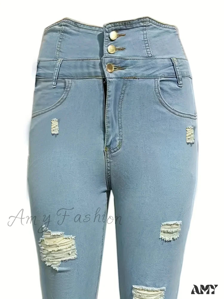 Amy Fashion - Ripped Holes Casual Skinny Autumn Slash Pockets Distressed Single-Breasted Button