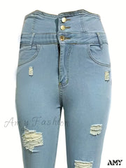 Amy Fashion - Ripped Holes Casual Skinny Autumn Slash Pockets Distressed Single-Breasted Button