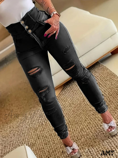 Amy Fashion - Ripped Holes Casual Skinny Slash Pockets Distressed Single-Breasted Button High Waist