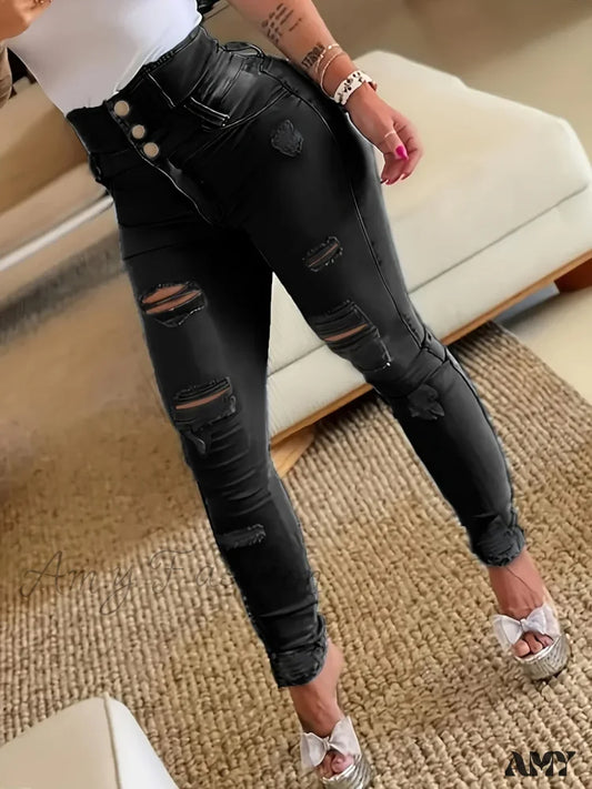 Amy Fashion - Ripped Holes Casual Skinny Slash Pockets Distressed Single-Breasted Button High Waist