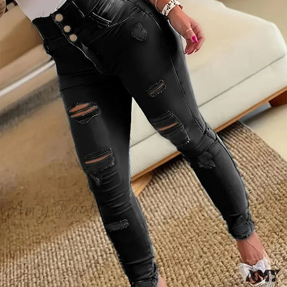 Amy Fashion - Ripped Holes Casual Skinny Slash Pockets Distressed Single-Breasted Button High Waist